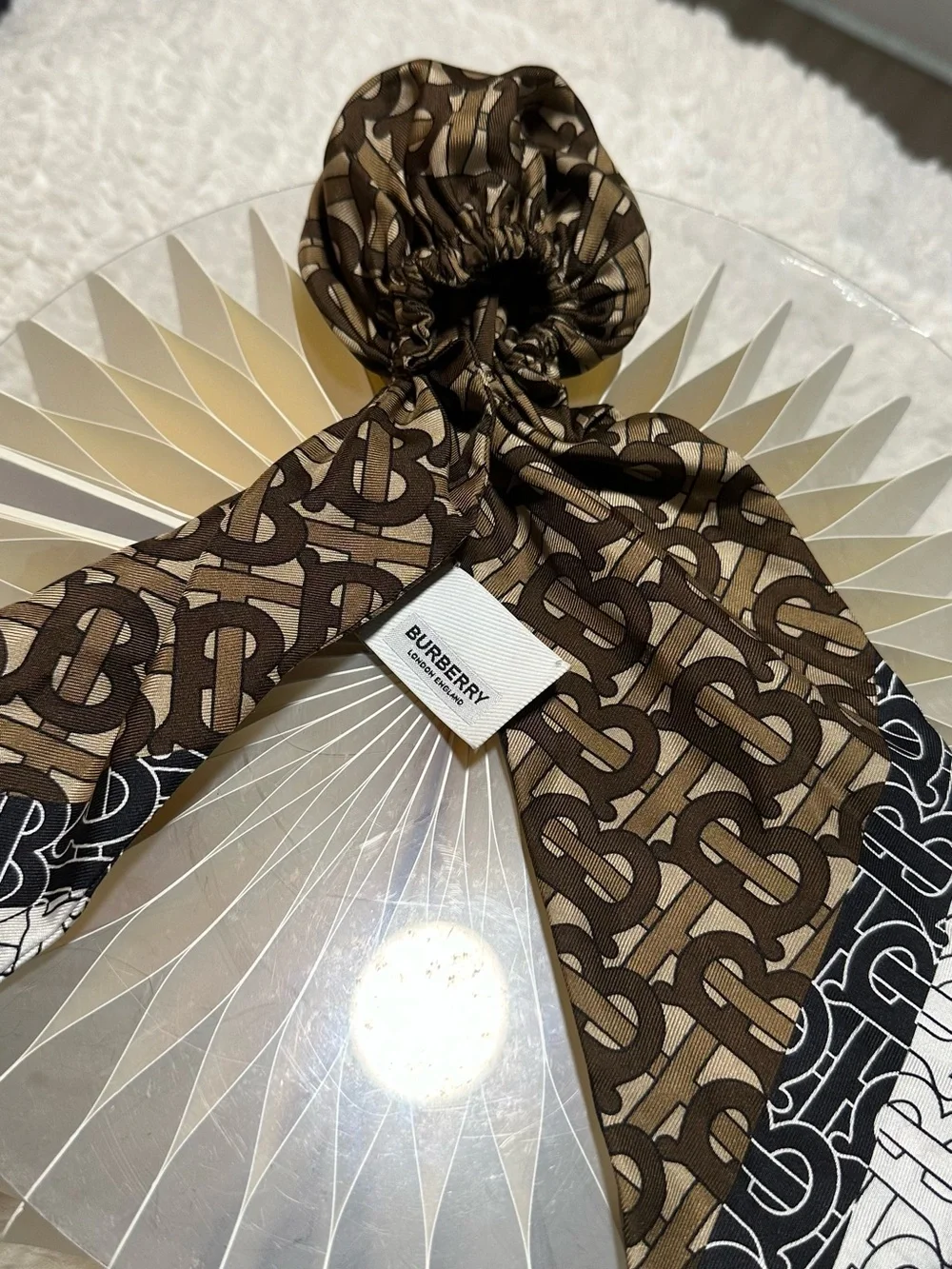 Burberry TB Monogram Silk Scarf in Brown, Black, White with Red Accent